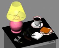 台灯,左轮手枪,烟灰缸,钥匙,咖啡杯,面包等的场景3D模型