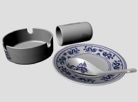 烟灰缸,茶杯,勺子,碟子,青花瓷器maya模型