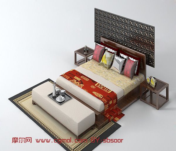 豪华中式大床3d模型,室内家具,室内模型,3d模型