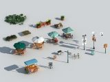 遮阳伞,太阳伞,小吃摊,标识牌,路灯,商业休闲小品3D模型