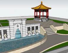 带喷泉的仿古建筑su场景模型