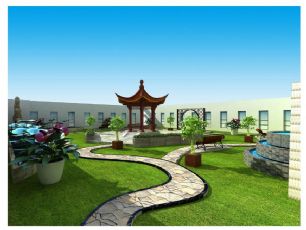 中式空中花园,凉亭,长椅,喷泉绿植,无贴图