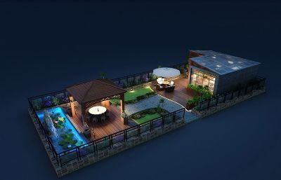 楼顶园林式花园景观,白天景色+夜景模型(网盘下载)