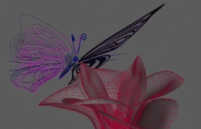 七彩花+绿蝴蝶maya模型,蝴蝶有振翅动画