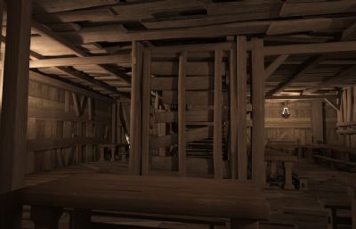古代会议室,会所内部场景,木板建筑3D模型