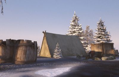 大雪纷飞帐篷雪景3D模型(网盘下载)