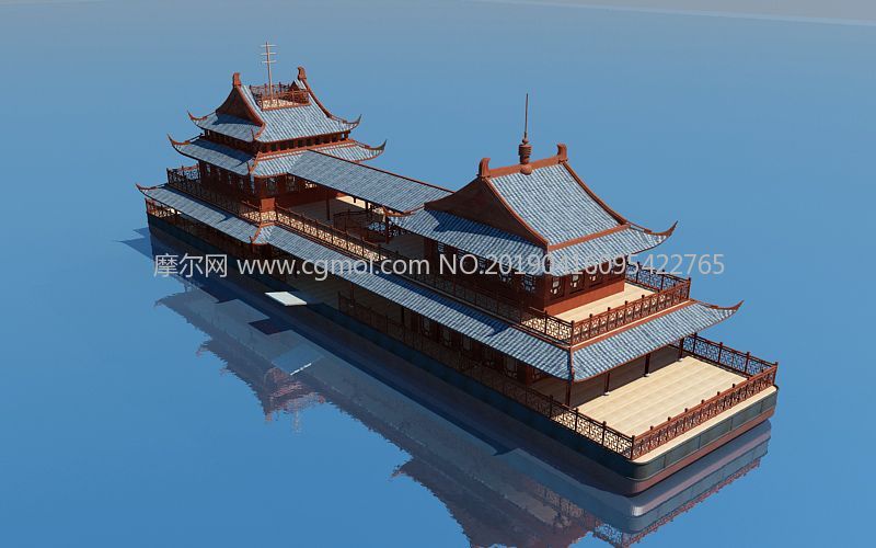 中式趸船,游船max方案,四面精致建模