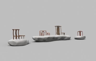 石头结合传统椅子的公共家具maya模型