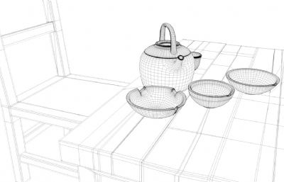 木桌椅大碗茶,陶瓷茶具(内含C4D，fbx，maya文件)