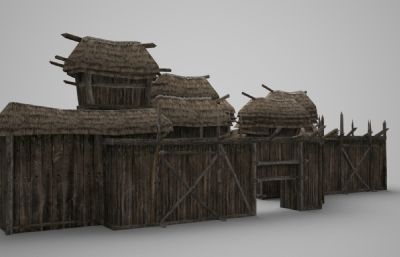 古建筑茅草围墙,兵营大门3D模型