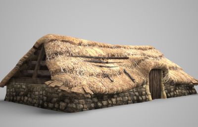 低矮茅草房,茅草屋3D模型