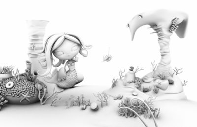 卡通风格的美人鱼海底世界场景maya模型