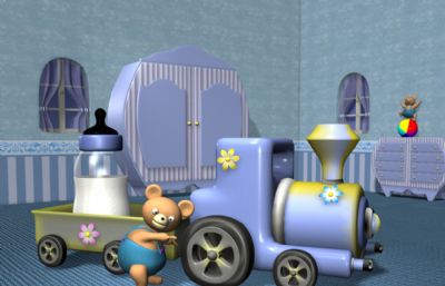 小熊+火车+奶瓶等玩具的儿童房间