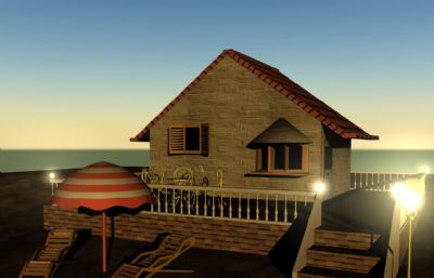 傍晚的海边沙滩小屋,沙滩伞,沙滩椅场景maya模型