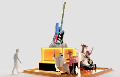 卡通美陈,吉他雕塑乐队,广场雕塑3D模型,可打印