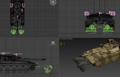 梅卡瓦沙漠涂装主战坦克3D模型, 火箭发射器,机枪等游戏全套装备