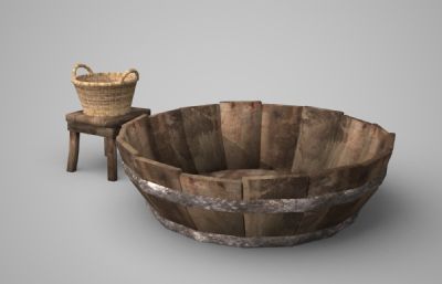 竹编菜篮,木盆等农家工具物品3D模型