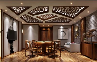 新中式休闲茶餐厅,客厅3D模型白模,无贴图
