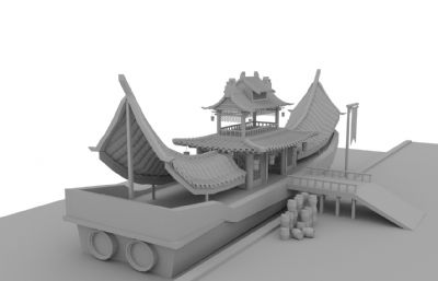 古代水船,游船maya精细模型