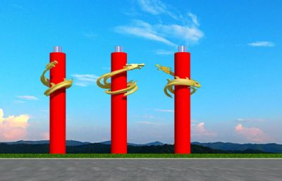 红色金龙柱雕塑设计3D模型