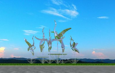 群鹤振翅雕塑设计3D模型二