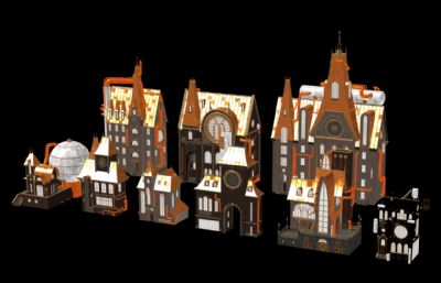 庞克工业风格建筑，房子，城堡等建筑FBX模型(网盘下载)