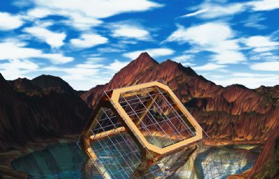 山顶湖泊中的方形牢笼C4D模型