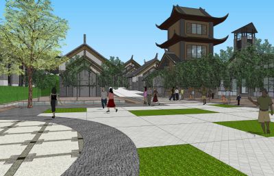 新中式建筑景观商业街su模型