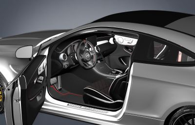 奔驰C63 AMG汽车3D模型,带发动机,带内部结构, max,fbx两种格式,丢失刹车盘贴图