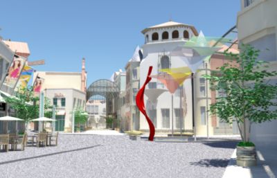 动画电影风格商业街,步行街maya模型
