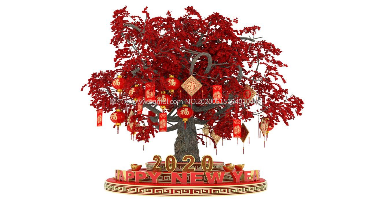 2020-新年快乐吉祥树,招财树C4D模型(网盘下载)