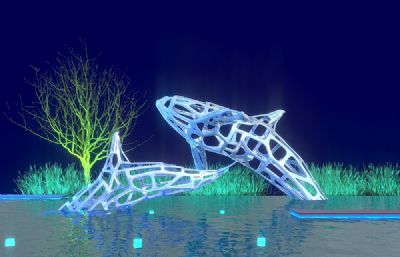跃出水面的镂空鲸鱼雕塑设计3D模型