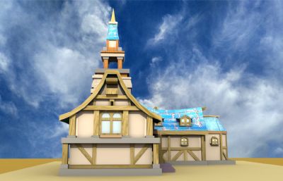 卡通风格小木屋maya模型,蓝色屋顶,带贴图