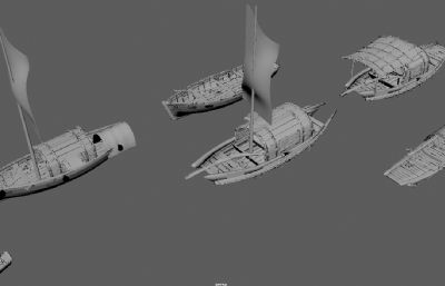 6艘木制渔船,古代渔船OBJ模型