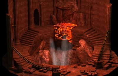 阎罗地狱,古堡岩浆,地下火城游戏场景3D模型