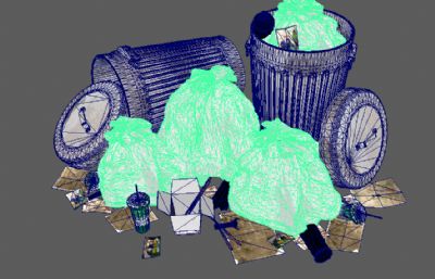 杂乱的小区垃圾桶,垃圾袋,垃圾堆场景maya模型,MB,FBX格式