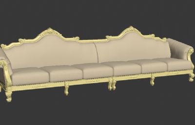 米黄色六人长款真皮沙发3D模型