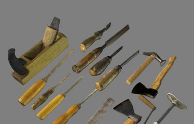 凿子,刨子,斧头,锯子,锤子等传统木工工具组合MAYA模型,MB,OBJ,FBX格式文件(网盘下载)