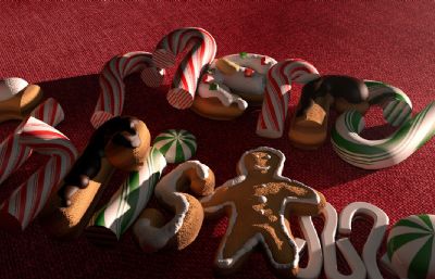 用饼干巧克力组成的Merry Christmas文字,圣诞节创意C4D模型