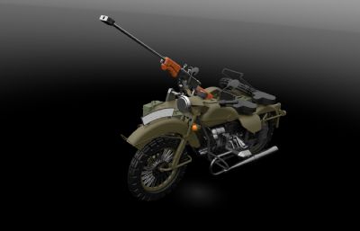 带步枪的战斗型边三轮摩托车3D模型,STEP格式