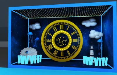 黄金罗盘,时钟,灯塔,水母展馆海洋橱窗3D模型