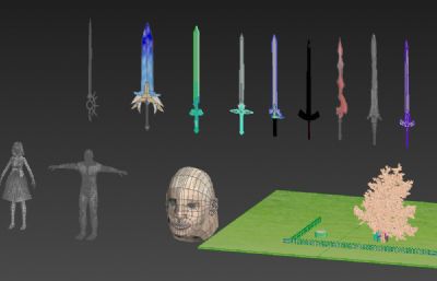 宝剑神器+男人女人体+头像+栅栏桃树3D模型作品合集