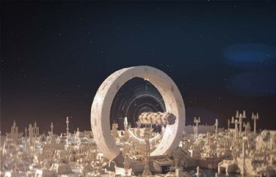大型太空科幻城市C4D R19場景模型,Octane渲染