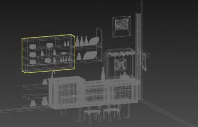 橱柜,餐桌,灶台餐具等厨房场景3D模型素模