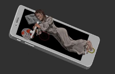 苹果手机+躺着抽大烟的憔悴女子zbrush模型,手机瘾展示模型