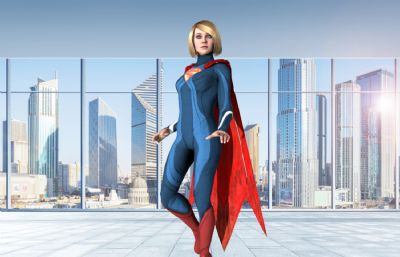 Supergirl女超人超级英雄C4D模型,带九组超帅动作动画,带骨骼,13个C4D源文件