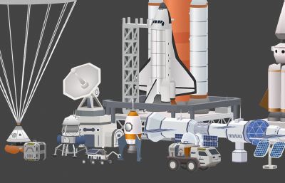 低面科幻太空资源包,lowpoly低多边形太空元素,宇航员,火箭,卫星,登陆车等C4D+FBX模型