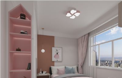 儿童房,公主风粉色系女孩房间3D模型,无枕头,被子,床布贴图