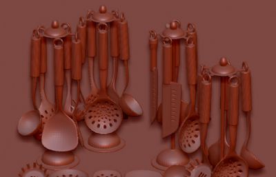 刀叉汤勺铲子等现代餐具厨具组合3D模型,MAX,MB,FBX,OBJ,ZTL,ZPR,STL,SKP多种格式,MAX文件带VRAY材质