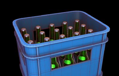 啤酒箱+啤酒瓶,一箱玻璃瓶装啤酒3D模型